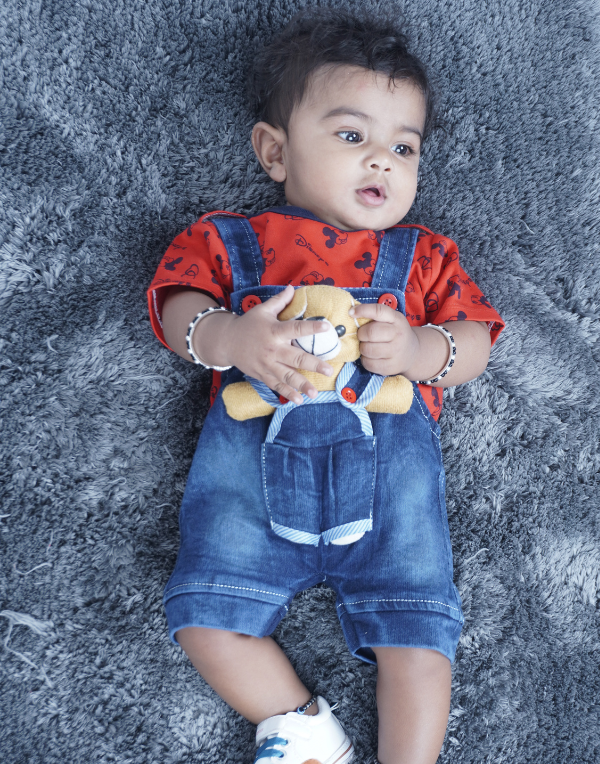 Baby Boys Denim Blue Dunagree With Red Tee