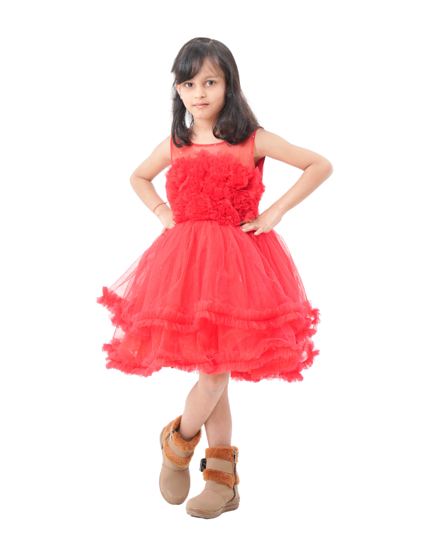 Girls Fancy Red Midi Layered Dress