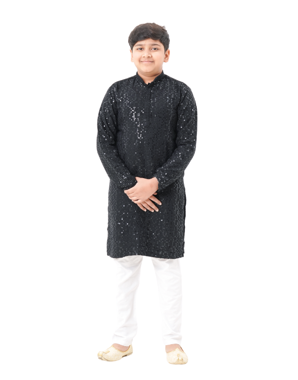 Boys Black Mirror Work Kurta Set