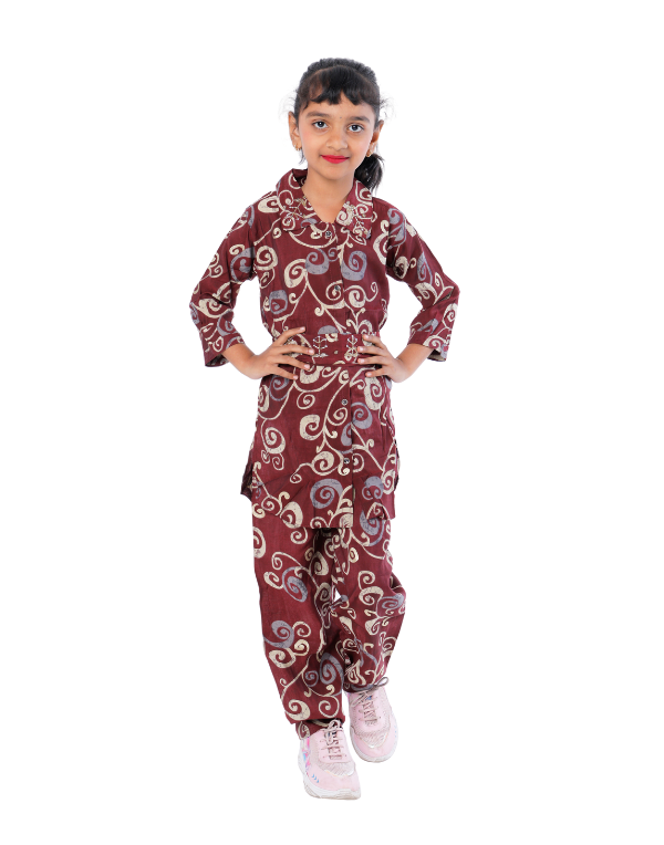 Girls Fancy Maroon Printed Clothing Set