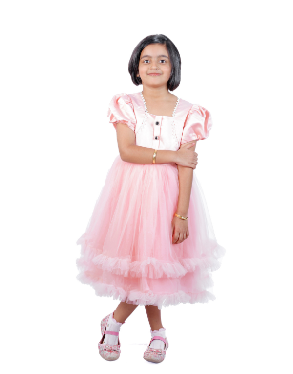 Girls Pink Layered Fit & Flare Midi Length Dress