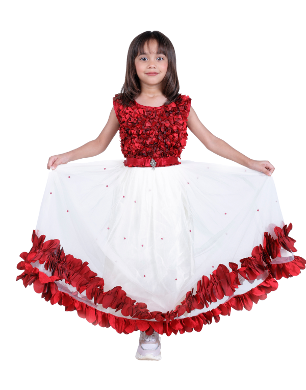 Girls Fancy White & Red Layered Fit & Flare Dress
