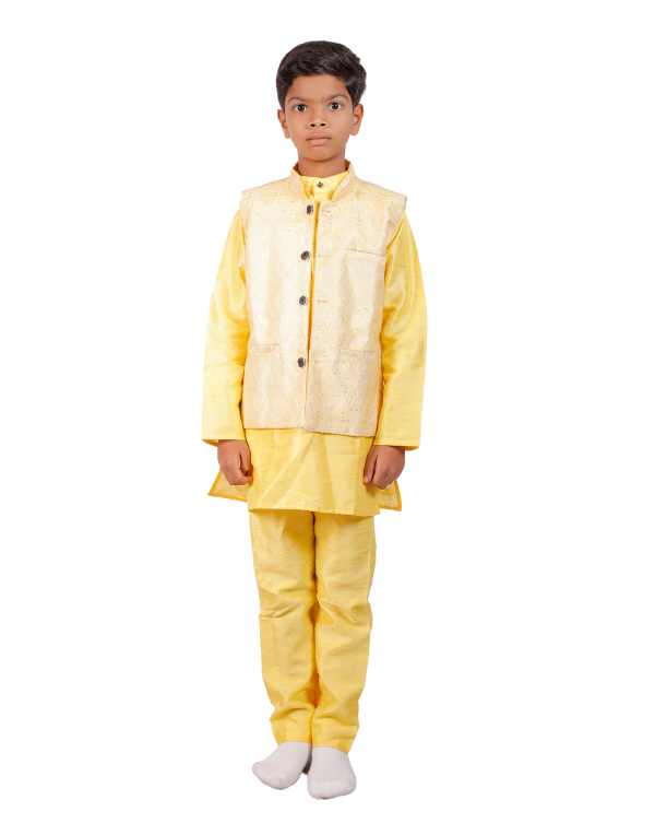 Boys Solid Yellow Kurta With Gold Coat