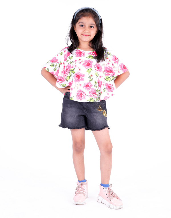 Girls White Printed Floral Top