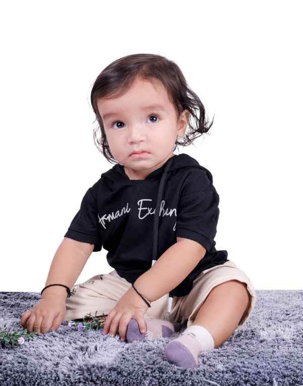 Baby Boys Solid Black Tee With Hoodie