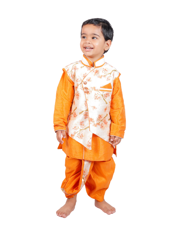 Boys Solid Yellow Kurta Set With Coat