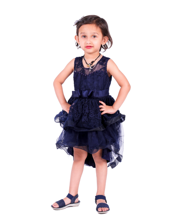 Girls Navy Blue High- Low Fit & Flare Party Dress