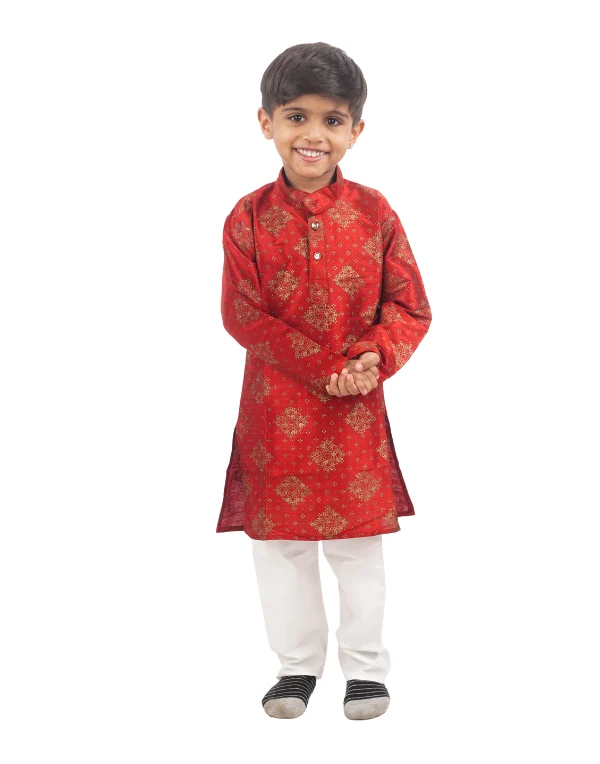 Boys Red Printed Cotton Blend Kurta Pyjama Set