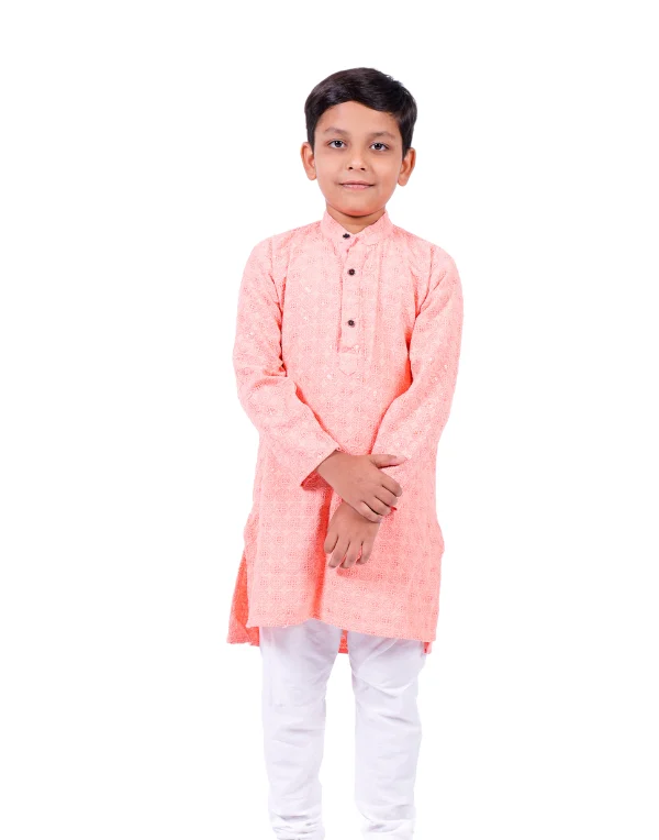 Boys Pink Ethnic Self Design Cotton Blend Kurta Set
