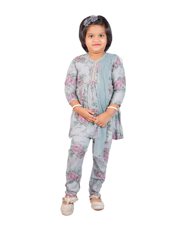 Girls Grey Floral Printed Kurta & Salwar Set