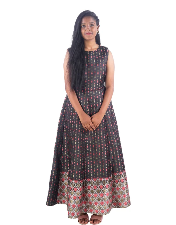 Girls Black Printed Maxi Length Sleeveless Dress