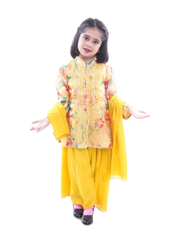 Girls Yellow Floral Printed Kurti Set