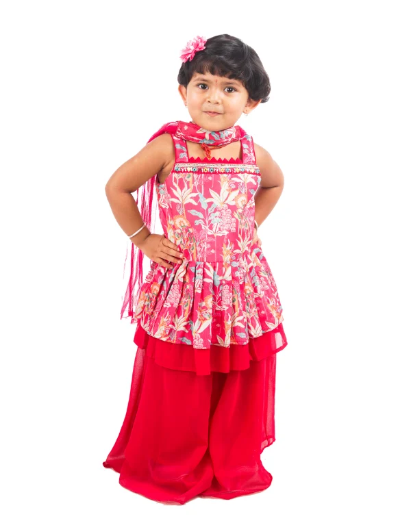 Girls Red Sleeveless Square Neck Kurti Sharara Set