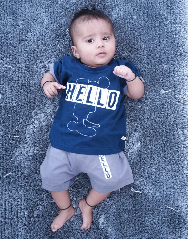 Baby Boys Blue Half Sleeves Hello Printed T-Shirt