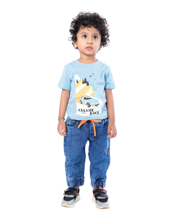 Boys Fancy Printed Blue Cotton Blend Half Sleeves Tee