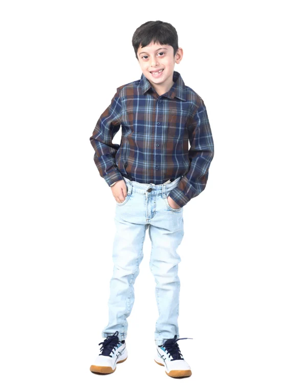 Boys Blue Cotton Blend Full Sleeves Checkered Shirt