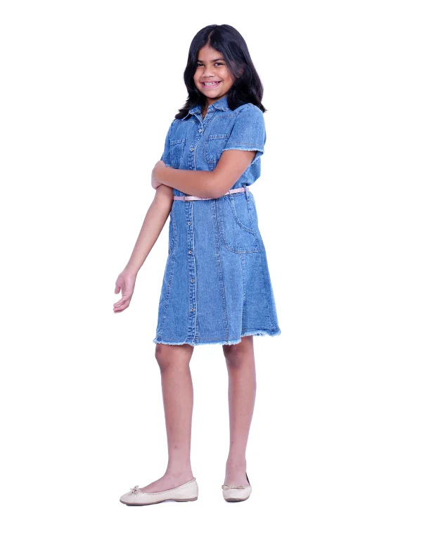Girls Solid Denim A Line Straight Dress