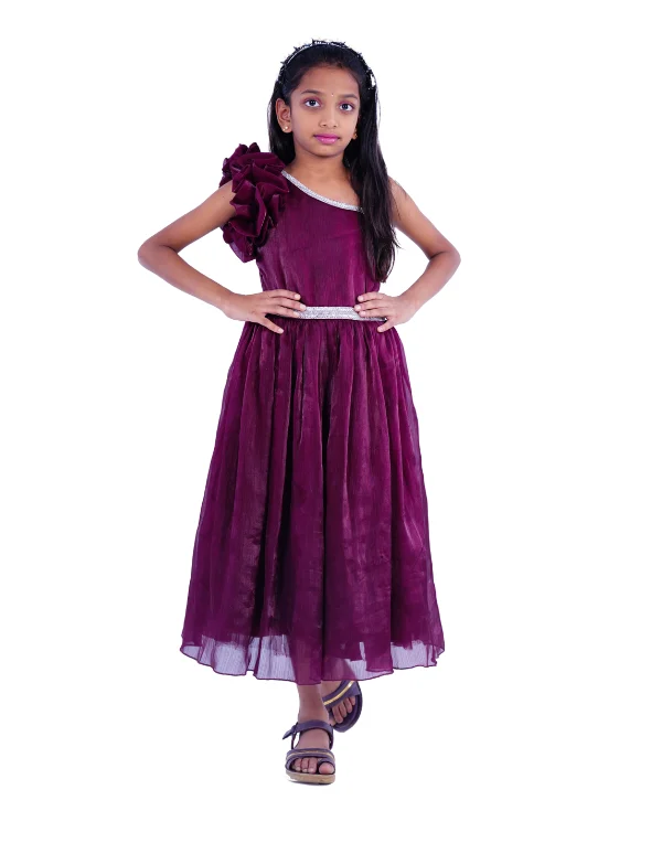Girls Purple Cotton Blend Fashion Sleeves Dress