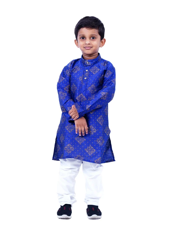 Boys Ethnic Blue Cotton Blend Full Sleeves Pritned Kurta