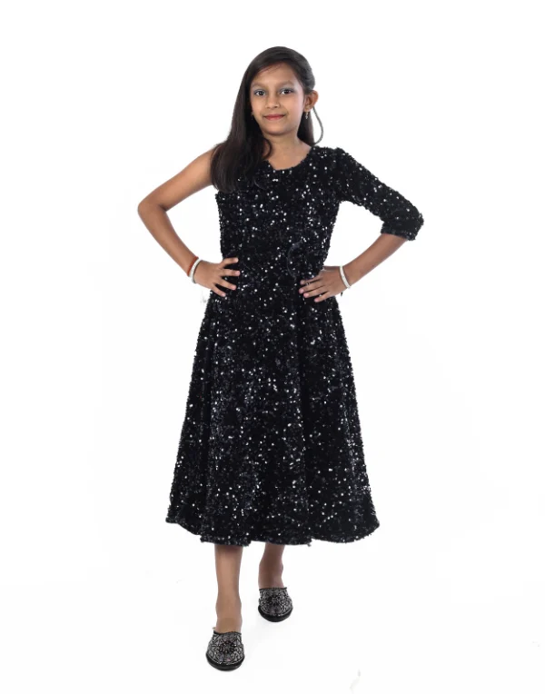 Girls Black Shimmer Cotton Blend Party Wear Dress