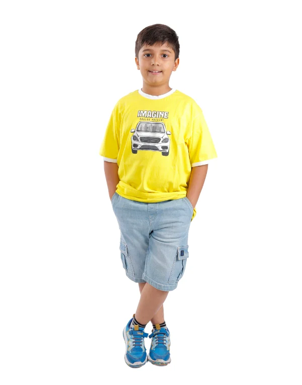 Boys Printed Yellow Round Neck T-Shirt