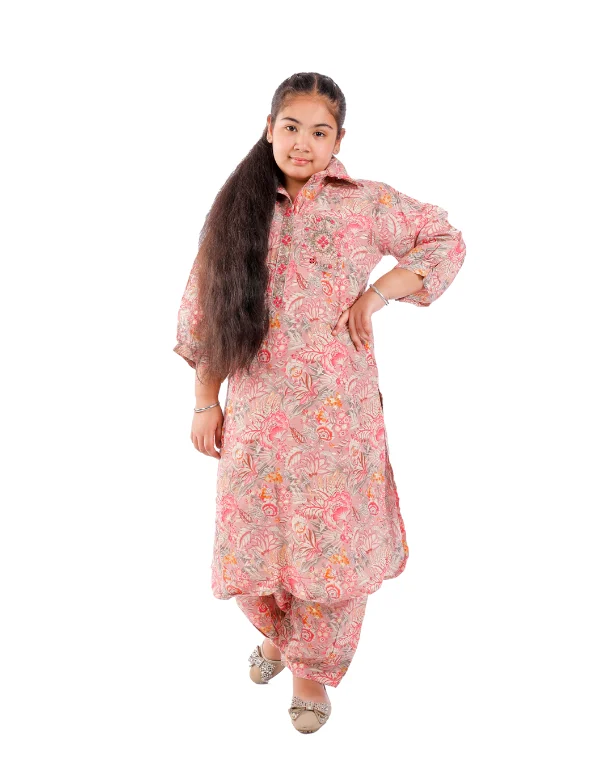 Girls Pink Printed Full Sleeves Cotton Blend Clothing Set