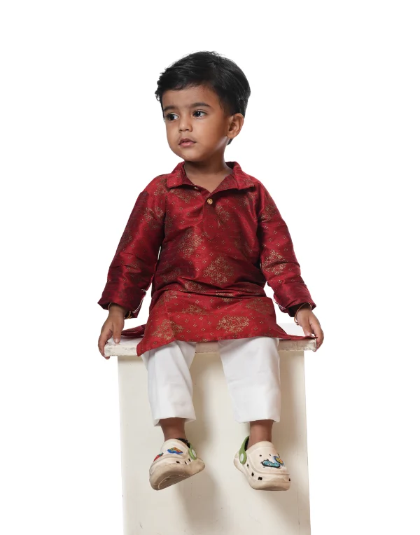 Boys Printed Red Full Sleeves Cotton Blend Ethnic Kurta