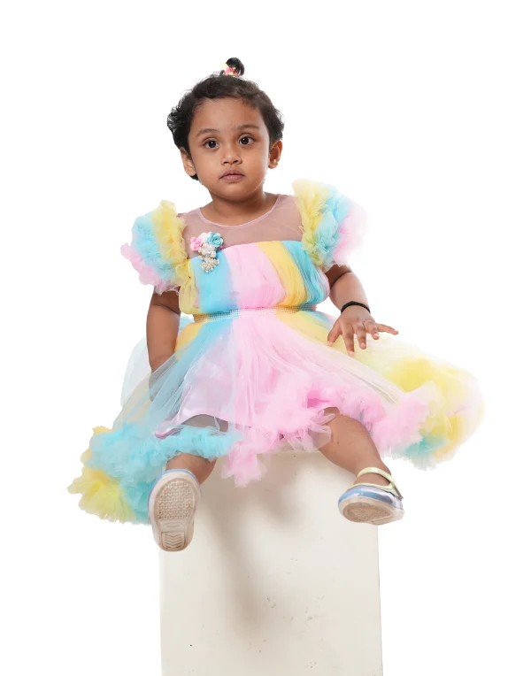 Girls Multicolor Half Sleeves Cotton Blend Layered Dress